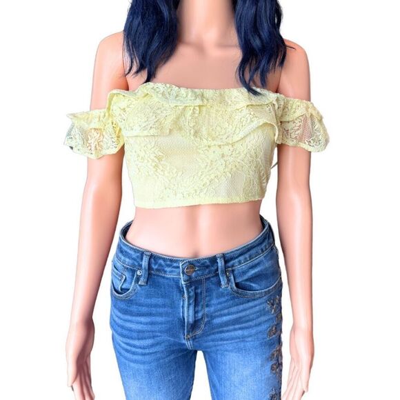 NEW HYFVE Yellow Lace Ruffle Off the Shoulder Summer Crop Top - Picture 3 of 7